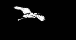 White heron flying on black background. Artistic animated element. Seamless loop animation.