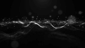 Abstract digital particle wave on dark background, animation cyber and high technology background. 4k animation of shiny particle wave. 3d render