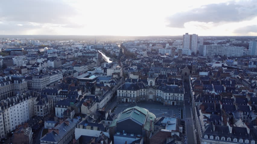 Panoramic view of Rennes city, Rennes City Hall. Aerial, slow pan right