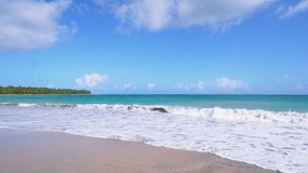 Caribbean beach with coconut palms on golden sand. Idyllic seascapes of the Dominican Republic. The picturesque coast of a paradise island with a vivid natural landscape. Sea waves with white foam.