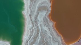 Aerial video from above over the Dead Sea in a variety of special colors created from sinkholes. Israel