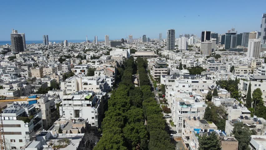 Aerial video of Rothschild streets in Tel Aviv. Israel