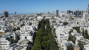 Aerial video of Rothschild streets in Tel Aviv. Israel