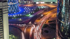 Doha view down timelapse video crossroad intersection night lights skycreapers Qatar, Middle East