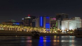 Doha skyline timelapse video night lights skycreapers downtown Qatar, Middle East