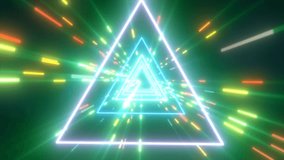 Abstract green energy futuristic hi-tech tunnel of flying triangles and lines neon magic glowing background, video 4k, 60 fps