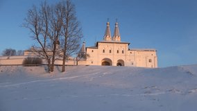 At Ferapontov Belozersky monastery on a December evening. Vologda region, Russia