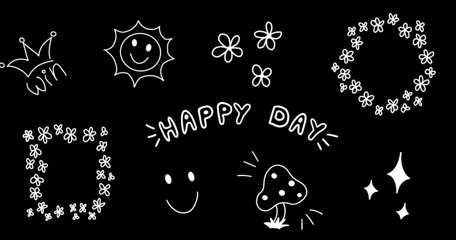 Animated Sticker Pack: Сrown, Flower, Smile, Sun, Mushroom, Stars. Cute Boho Kids Sticker in Doodle Style Isolated on Black. Hand-Drawn Loop 4K Video on Transparent Background, Alpha Channel. Royalty-Free Stock Footage #1102883571