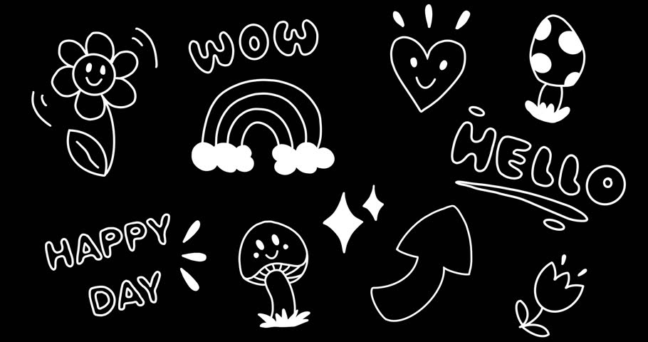 Animated Sticker Set: Smile Daisy, Rainbow, Heart, Arrow, Mushroom, Shining Stars. Boho Kids Sticker, Doodle Style Isolated on Black. Hand-Drawn Loop 4K Video on Transparent Background, Alpha Channel. Royalty-Free Stock Footage #1102883961