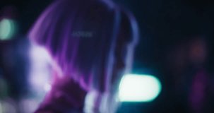 Beautiful Retro-Futuristic Portrait of a Human Gamer Girl Resembling an Android Robot with Artificial Intelligence, Travelling in Modern City with Neon Lights and Colorful Cyberpunk Vibe - Powered by Shutterstock - Get 15% off with code: PIKWIZARD15