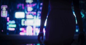 Cinematic Footage with a Stylish Cosplay Model with Blue Hair Walking Towards a Window in a Futuristic Cybernetic Space City with Neon Lights. Young Female in a Cyberpunk Augmented Reality