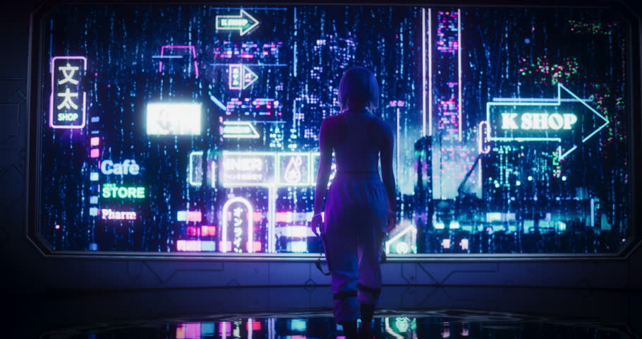 Cinematic Footage with a Stylish Cosplay Model with Blue Hair Walking Towards a Window in a Futuristic Cybernetic Space City with Neon Lights. Young Female in a Cyberpunk Augmented Reality