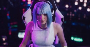 Portrait of a Happy Cosplay Girl in Headphones Talking with Friends Online on a Computer. Stylish Streamer or Video Gamer Chatting with Internet Fans in Futuristic Neon Cyberpunk Studio