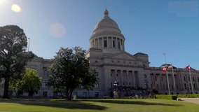 Arkansas state capitol building in Little Rock, Arkansas with gimbal video walking forward.