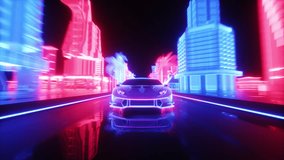 This stock motion graphics video shows a Neon Glowing Sport Car Riding in Neon City futuristic HUD Background on a seamless loo