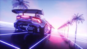 This Stock Motion Graphics video shows a Futuristic Synthwave background with palms and car on a seamless loop