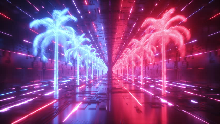 A futuristic cyberpunk VJ loop with endless rows of glowing neon palm trees in a dark reflective environment of digital technology