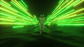 This Stock Motion Graphics video shows a Running Astronaut with flying Neon strings futuristic background on a seamless loop