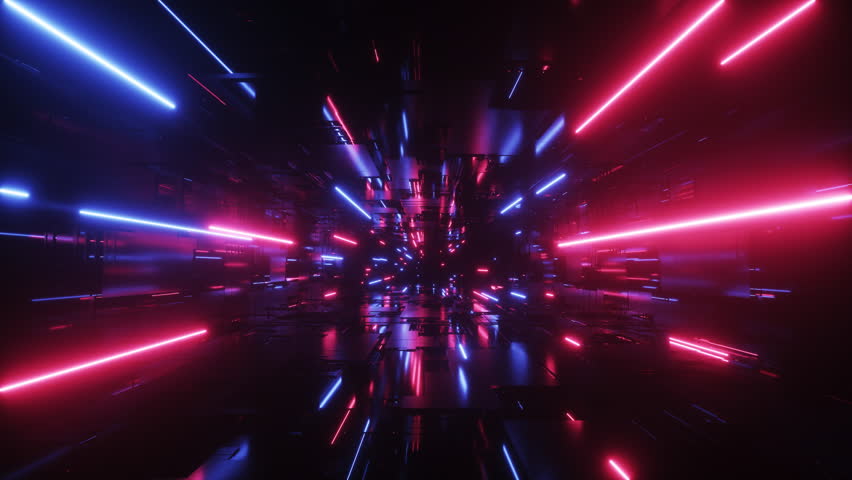 An endless tunnel of futuristic and glowing neon lights on a seamless loop.