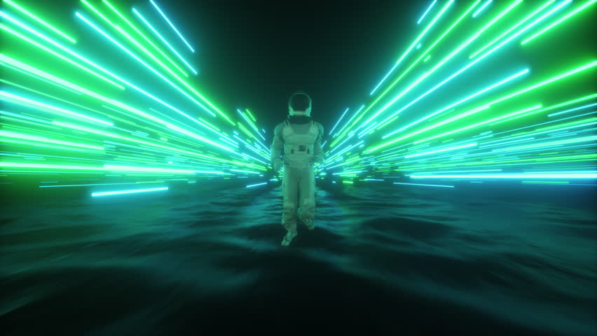 This Stock Motion Graphics video shows a Running Astronaut with flying Neon strings futuristic background on a seamless loop - Powered by Shutterstock - Get 15% off with code: PIKWIZARD15