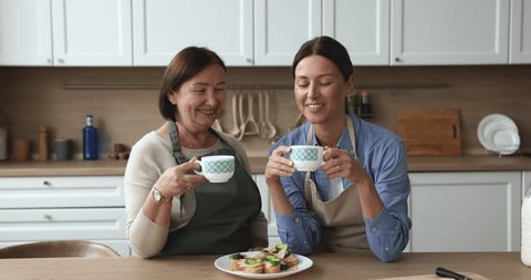 Young pretty woman spend time with older mother, sit in cozy domestic kitchen holding mugs, drinking morning coffee or tea beverages, eating sandwiches enjoy conversation and pastime together at home Arkistovideo