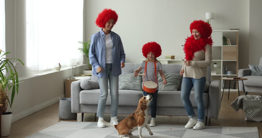 Multi-generational family wear red wigs marching to the sound of drum play by little cute girl having fun together in cozy living room with barking beagle dog. Family weekend fun and pastime. Hobby Royalty-Free Stock Footage #1102892505
