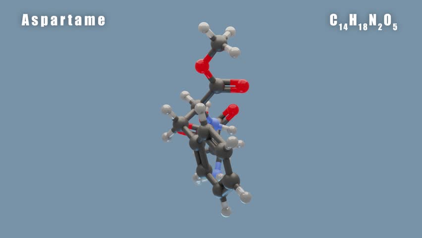 Aspartame molecule of C14H18N2O5 3D Conformer animated render. Food additive E951. Isolated background and alpha layer, seamless loop. Royalty-Free Stock Footage #1102893027