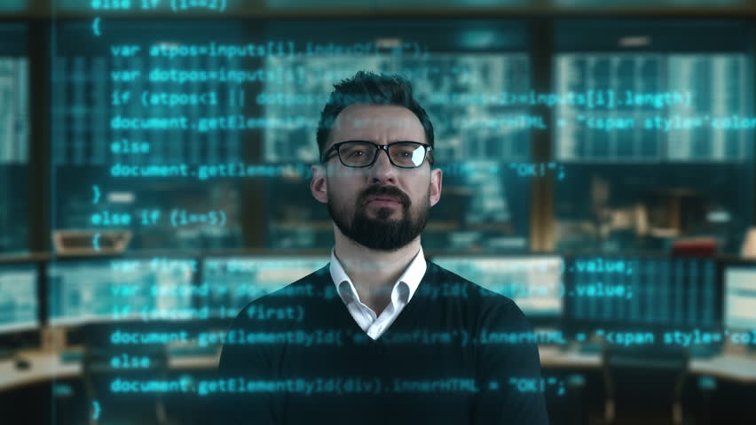 Software online network developer is working with pc. Senior coder programming. Soft and blockchain app coding. IT programmer working on desktop computer