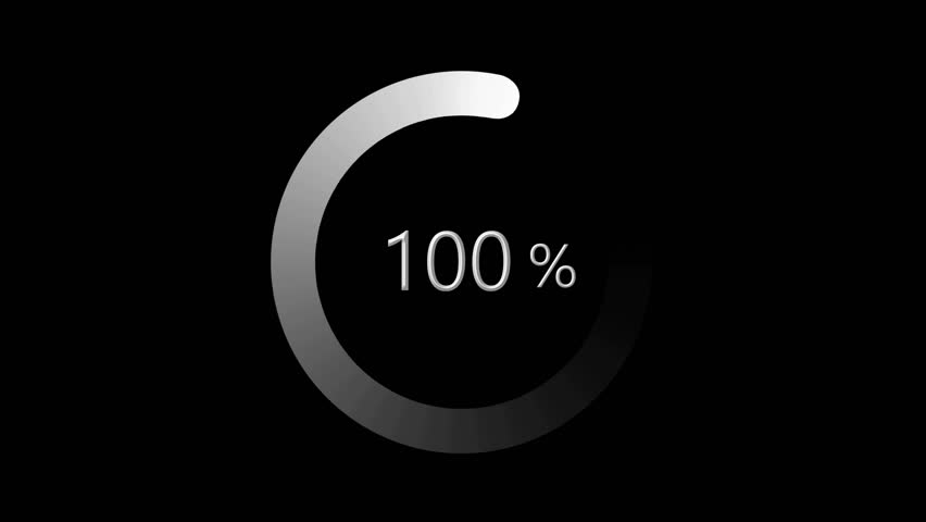Animation of a spinning loading circle. Waiting for a download with a countdown from zero to one hundred. White circle on a black isolated background.