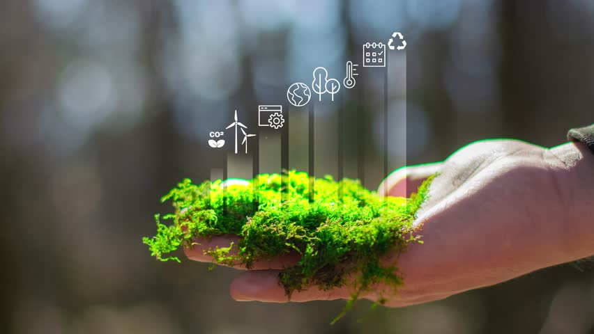 Reduce CO2 emission concept in the hand for environmental, global warming, Sustainable development and green business based on renewable energy. Digital hologram.4K Royalty-Free Stock Footage #1102897929