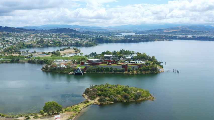 Aerial Drone Flyover Famous MONA Old And New Art Museum Architecture in Hobart, Tasmania 4K