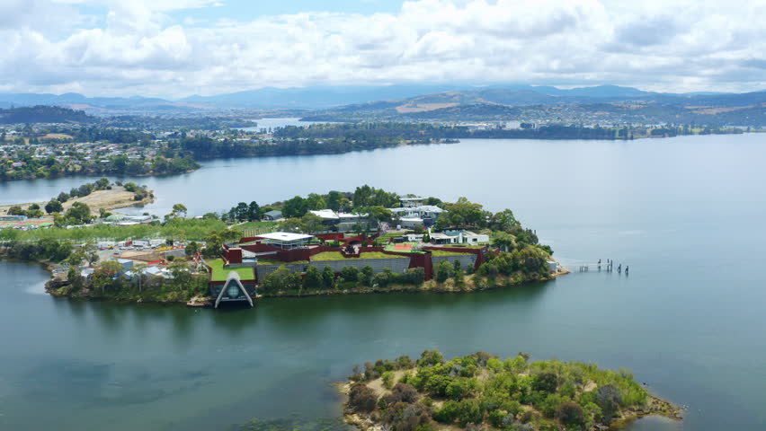 Aerial Fly Around Hobart MONA Old And New Art Museum In Australia, 4K Drone