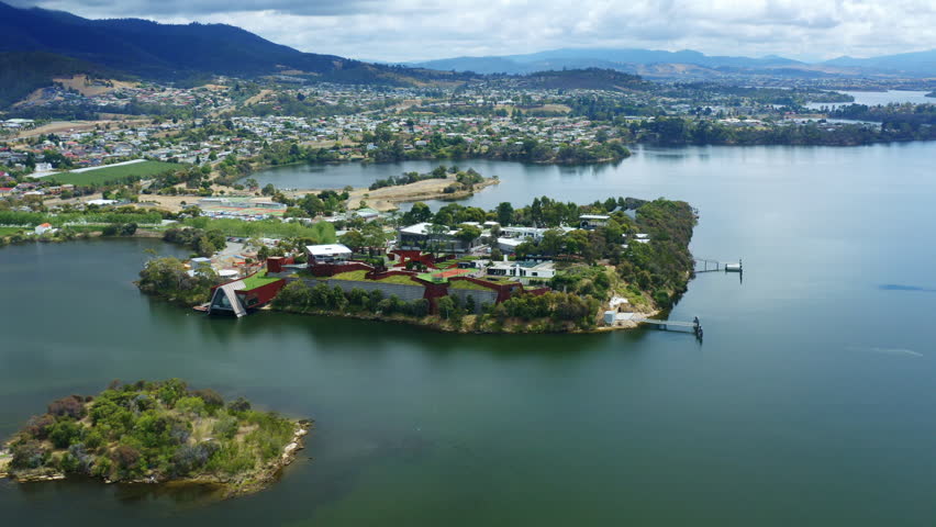 MONA Museum Of Old And New Art On Hobart Harbour, Tasmania, Aerial Drone 4K
