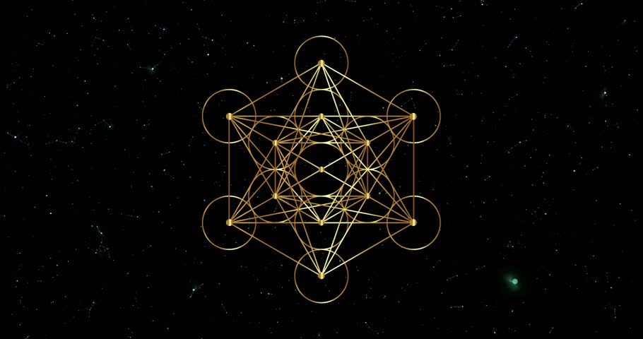 Video animation Metatron's Cube, Flower of Life. Golden Sacred geometry, graphic technology element black galaxy background. Mystic gold icon platonic solids, abstract geometric drawing, crop circles Royalty-Free Stock Footage #1102899965
