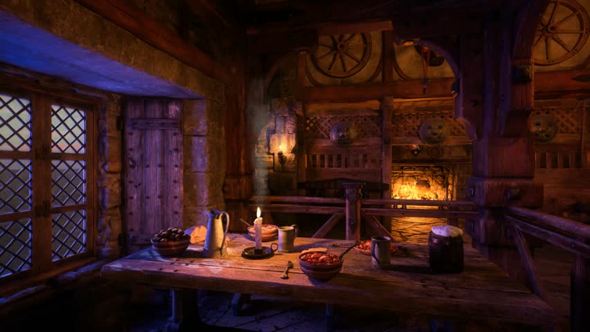 Atmospheric medieval tavern interior at night with flickering candle flame on a dining table and fire burning in the background.  Royalty-Free Stock Footage #1102900743