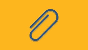Blue Paper clip icon isolated on orange background. 4K Video motion graphic animation.