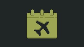 Green Travel planning calendar and airplane icon isolated on black background. A planned holiday trip. 4K Video motion graphic animation.