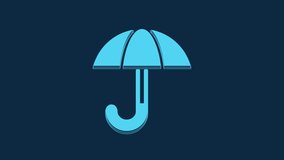 Blue Classic elegant opened umbrella icon isolated on blue background. Rain protection symbol. 4K Video motion graphic animation.
