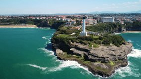 Aerial view of Biarritz lighthouse and coastline, Aquitaine, France. High quality 4k footage