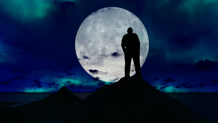 Silhouettes of people looking up at the sky under the stars