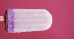 4K footage vertical video Front view CU, Taro popsicles are melting on pink background, delicious popsicle concept.