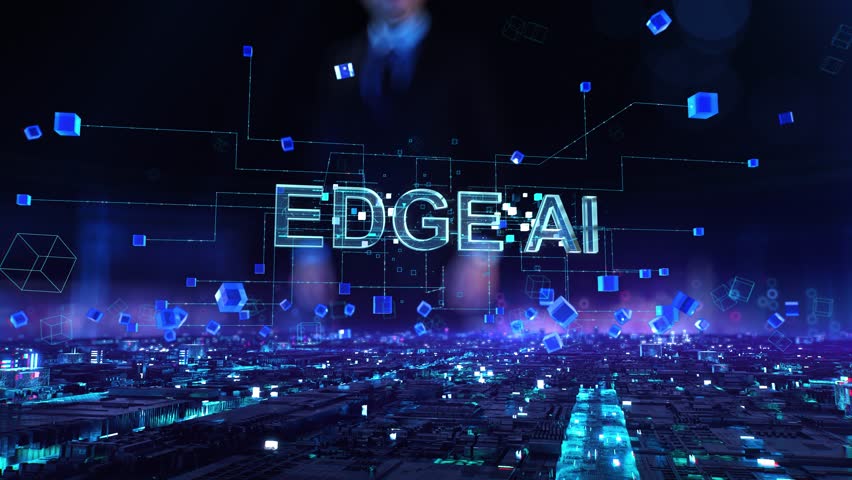 Edge AI- businessman working and touching with virtual reality at night office.
