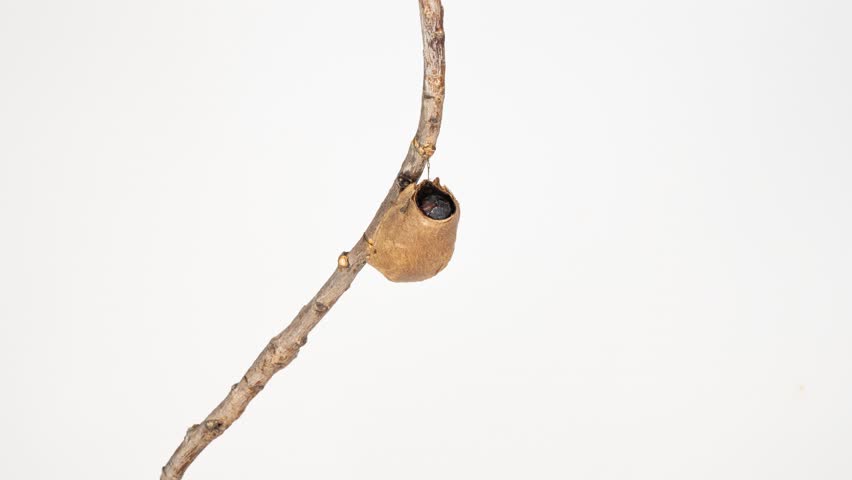 Development and transformation stages of Butterfly Attacus Atlas, Atlas moth hatching out of pupa to butterfly. Isolated on white background.