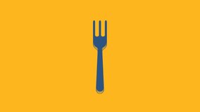 Blue Fork icon isolated on orange background. Cutlery symbol. 4K Video motion graphic animation.