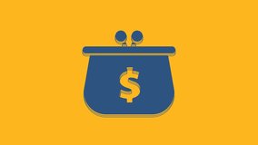 Blue Wallet with dollar symbol icon isolated on orange background. Purse icon. Cash savings symbol. 4K Video motion graphic animation.