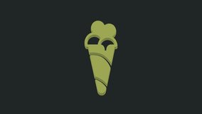Green Ice cream in waffle cone icon isolated on black background. Sweet symbol. 4K Video motion graphic animation.