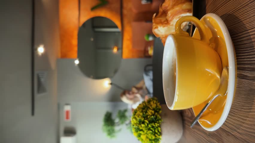 Eating fresh croissant with black coffee in a bakery. Dipping half of croissant into coffee, drops falling. People in bokeh, atmosphere of a coffee shop. Lifestyle vertical video. Royalty-Free Stock Footage #1102932299
