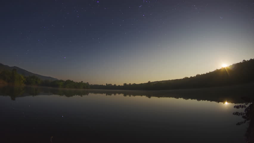 4K Time-Lapse Video motion and lake of Beautiful Star Trails and space dust in the universe, long speed exposure over lake and mountain, Mae moh, Lampang, Thailand.