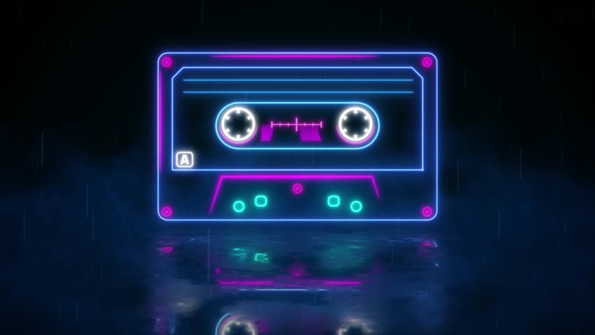 Neon cassette on reflective wet floor, lights up and goes out. Cassette animation. Loop. Retro tape recorder cassettes neon sign, light banner. Back to the 90s. 80s neon style. musiccasette, mix tape Royalty-Free Stock Footage #1102942835