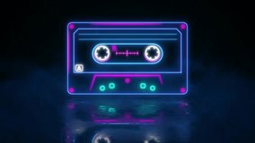 Neon cassette on reflective wet floor, lights up and goes out. Cassette animation. Loop. Retro tape recorder cassettes neon sign, light banner. Back to the 90s. 80s neon style. musiccasette, mix tape - Powered by Shutterstock - Get 15% off with code: PIKWIZARD15